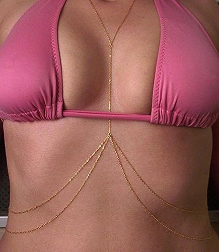 14K Gold Plated Body Chains for Women, Sexy Layered Belly Waist Chain Crossover Bikini Bra Chain, Summer Beach Rhinestone Body Jewelry - style: Gold Chain