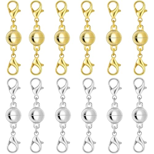 925 Silver Double Lobster Magnetic Necklace Clasps, Magnetic Necklace Clasps and Closures, Double Lobster Clasp Magnetic Jewelry Clasps for Necklaces (12PCS | Gold Silver) - color: 12PCS | gold silver