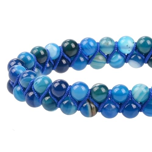 MASSIVE BEADS Double Layer Natural Chakra Healing Power Crystals Macrame Bracelet Yoga Stone Beads Gemstone Meditation Relax Anxiety Bangle for Unisex Women Men - color: Blue Stripe Agate, size: 4mm