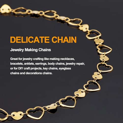 KYUNHOO 4 Meters Heart Chains for Jewelry Making Gold Plated Stainless Steel Chain Bulk on Spool for Women Make Crafts with Lobster Clasps Jump Rings - color: Heart Gold