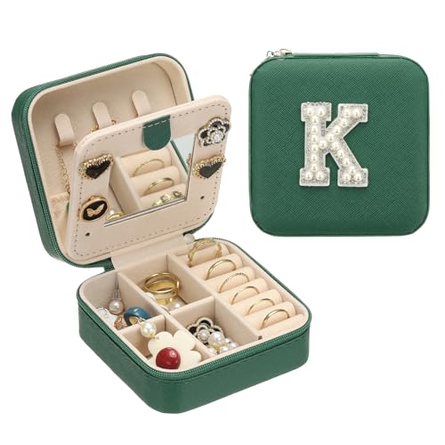 PATIKIL Travel Jewelry Case, K Initial Small Travel Jewelry Box Organizer Rings Earrings Storage Case Personalized Gifts for Women Girls Birthday Christmas Bridesmaid Gifts, Dark Green - style: K