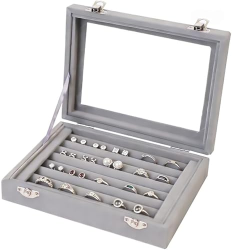 Jewelry Box Rings Organizer Tray 7 Slots Velvet Jewelry Earring Storage Box With Transparent Lid Jewelry Display Case for Girls Women (Gray) - color: Gray
