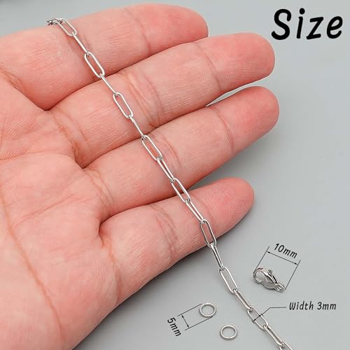 THREENEST 16.4-Feet 3mm Stainless Steel Paperclip Chains with 10 Lobster Claps+25 Jump Rings, Soldered Cable Long Craft Chain for Necklace Bracelet Earring Jewelry Making (Steel) - color: Stainless Steel, size: Width 3.0mm-16.4 Feet+10 Claps+25 Rings