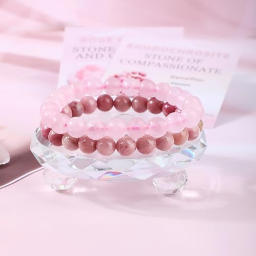 NCB 2.3-Piece 4mm Natural Crystal Gemstone Stretch Bracelets – Handmade Reiki Energy Healing Jewelry for Meditation,Yoga, Unisex - color: 2PCS ( Pink Quartz+Rhodochrosite ), size: 8mm