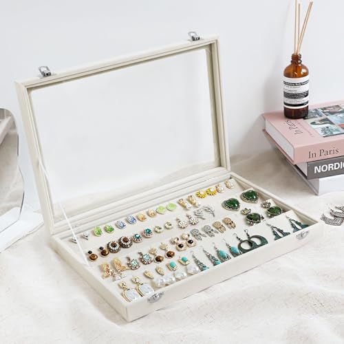 Wudygirl Jewelry Organizer Velvet Earring Organizer with Clear Lid 32 Pairs Earring Holder Jewelry Tray Display Case (Beige 64 Slot) - style: Beige Earrings Tray