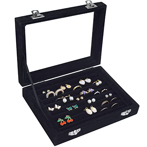 Vicoter Rings Organizer Tray 7 Slots Velvet Jewelry Earring Storage Box with Transparent lid Jewelry Display Case for Girls Wife Mom Women (Black) - color: Black