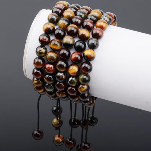 MASSIVE BEADS Natural Healing Power Gemstone Crystal Beads Unisex Adjustable Macrame Bracelets - color: Multi-Color Tiger Eye, size: 6mm