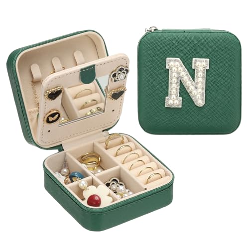 PATIKIL Travel Jewelry Case, N Initial Small Travel Jewelry Box Organizer Rings Earrings Storage Case Personalized Gifts for Women Girls Birthday Christmas Bridesmaid Gifts, Dark Green - style: N