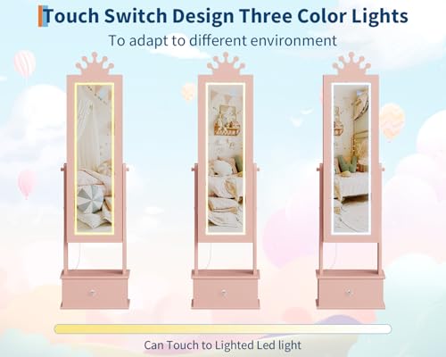Kids Jewelry Armoire Cabinet with Full-Length Mirror,46"Jewelry Armoire with Led Light, Kids Jewelry Organizer with 3 Storage Drawers,Kids Vanity Dress Up Mirror Jewelry Cabinet for Girls（light Pink) - size: Light pink