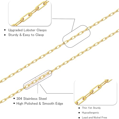 16Ft Stainless Steel Paperclip Chain for Jewelry Making, 2.5mm Width Gold Plated Paper Clip Link Chains Roll for DIY Necklace Bracelet Jewelry Making Supplies with Lobster Clasps Soft Tape Measure - color: Paperclip 2.5mm Gold with Soft Tape Measure