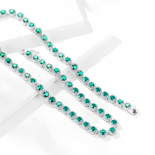 Gemsme 18K White Gold Plated Halo Necklace 5.0mm Round Cubic Zirconia Classic Tennis Necklace - color: White Gold - Green, size: 22 inch