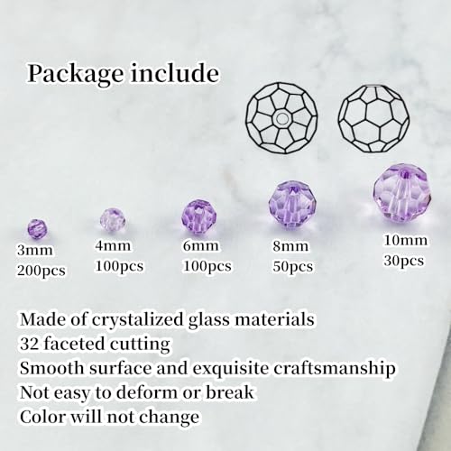 480pcs Crystal Glass Beads 3mm 4mm 6mm 8mm 10mm Round Faceted Glass Spacer Beads for Bracelets Necklace Earring DIY Jewelry Making Craft(Crystal Purple) - color: Crystal Purple