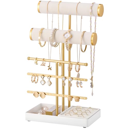 Lolalet Bracelet Display Stand Necklaces Holder, 5 Tiers Jewelry Organizer and Storage Rack with Velvet Slot and Metal Base, for Women Bangles Watches Ring Earrings -White - color: White