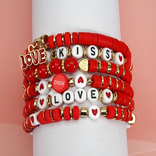 6PCS Valentine’s Day Clay Heishi Bracelet Set for Women- Red Pink Heart Love KISS XOXO Beaded Stretch Bracelets - Handmade Polymer Clay Crystal Glass Stackable Jewelry Gift for Galentine's Anniversary - color: LOVE-03