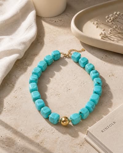 Mchic Colorful Beaded Choker Necklace for Women: Boho Large Square Acrylic Beaded Necklace Stainless Steel Adjustable Surfer Beach Strand Necklaces Summer Handmade Jewelry Gift for Women - color: Teal1
