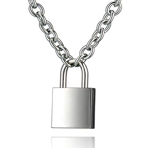 DIBOLA Padlock Necklace Stainless Steel Lock Chain for Men Women Silver 18-24 inch - color: Silver2