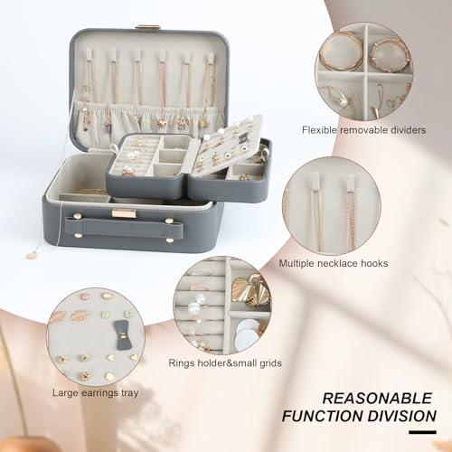 Travel Jewelry Case Large, Jewelry Box Large Jewelry Travel Organizer Jewelry Case with Handle, Best Gift for women Girls, Grey - color: A Modern Grey