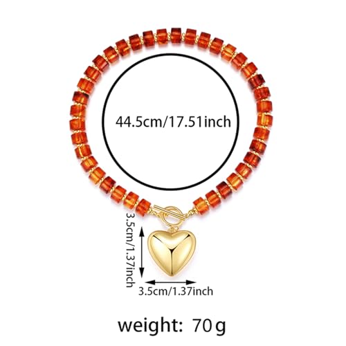 GZQ Chunky Gold Heart Necklace for Women, Resin Beaded Chain with Puff Heart Adjustable Clasp, Perfect for Daily Wear Party Date Streetwear Outfits Fashion Jewelry Gift - color: Amber