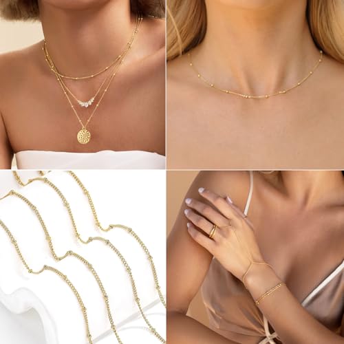 16Ft Stainless Steel Bead Chain for Jewelry Making, 1.6mm Thin Gold Plated Ball Beaded Cable Link Chains Roll for DIY Necklace Bracelet Jewelry Making Supplies with Lobster Clasps Soft Tape Measure - color: Cross Bead Gold