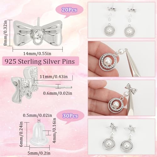 SUNNYCLUE 1 Box 20 Sets 925 Sterling Earring Studs with Loop Earring Posts Findings Silver Rhinestone Bowknot Ear Post Stud with Hole Bulk for Jewelry Making Accessories DIY Crafts Supply - style: Bow 1
