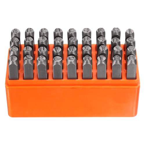 HARFINGTON 36pcs Metal Stamping Kit 1/4" (6mm) Steel Uppercase Letter and Number Punch Set (A-Z / 0-8 / "&" Symbol) Punch Press Tool with Case for Imprinting Metal Plastic Wood Leather - size: 1/4"