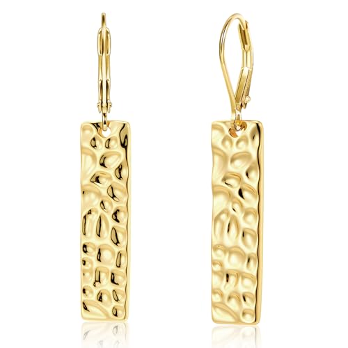 ALEXCRAFT 925 Sterling Silver Dangle Earrings for Women, 14K Gold Plated French Leverback Earrings, Hypoallergenic Lightweight Statement Hammer Square Bar Long Drop Earing for Women Trendy Jewelry - color: GoldC