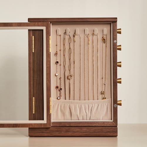CHOSIN Black Walnut Wooden Jewelry Box, 360° Rotating Organizer with Glass Lid, 5 Drawers for Earrings, Rings, Necklaces – Vertical Jewelry Storage for Women Mothers Day Gifts for Mom - style: 360° Rotatable