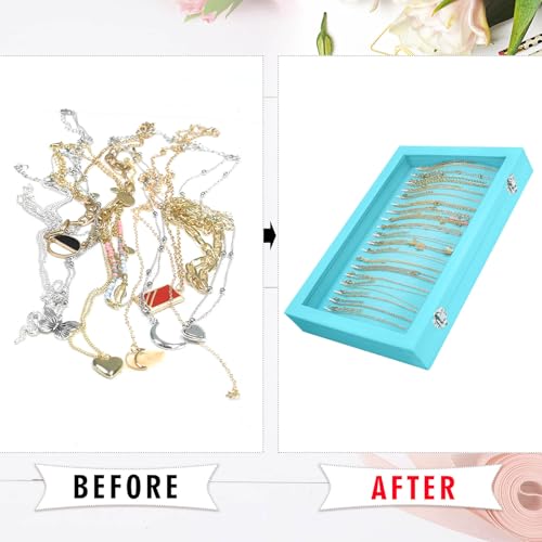Siveit Necklace Organizer Box Premium 20 Hooks Velvet Necklace Display Jewelry Tray with Transparent Lid Jewelry Necklace Display Box for Necklace Pendants Suitable for Women and Girls (Light Blue) - color: Light Blue