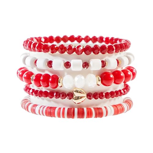 RISHEGAE Heishi Beaded Stretch Bracelets for Women Stackable Polymer Clay Beads Bracelets Friendship Boho Summer Beach Bracelet Jewelry Set - color: C-Red Bracelet