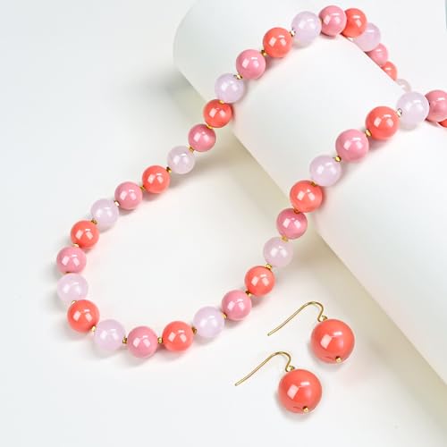 Gemstone Beaded Necklace for Women, Trendy 18K Gold Plated Hematite Natural Stone Bead Choker, Boho Handmade Summer Beach Necklaces for Women Everyday Western Jewelry Gifts - color: Rose Quartz