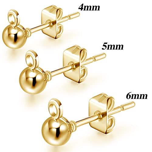 180 Pieces Ball Post Earring Stud with 200 Pieces Butterfly Back Earrings with Loop for DIY Jewelry Making Findings, 4 mm 5 mm 6 mm(Gold) - color: Gold