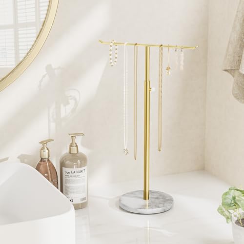 Gold Necklace Holder Jewelry Organizer Stand – Adjustable Height T‑Bar Jewelry Display with White Marble Base, Necklace & Bracelet Holder, Countertop Jewelry Stand - color: Gold & White