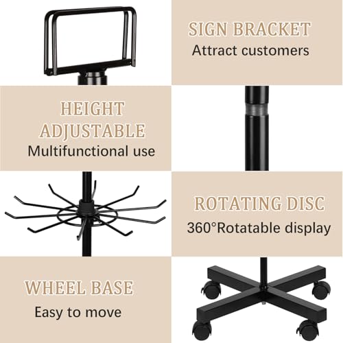 5-Tier Metal Spinning Display Stand Rack with Wheels, Black Iron, 50 Hooks, Lockable Wheels, Ideal for Jewelry, Accessories, Foods - color: Black