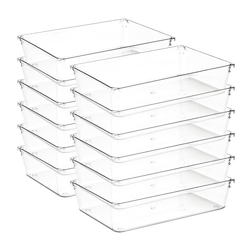 12 Pack Drawer Organizer - 6" X 9" Clear Acrylic Storage Bins with Non-Slip Pads, Versatile Desk Tray for Makeup, Jewelry, Kitchen, Bathroom, and Office Organization - size: 6"X 9"