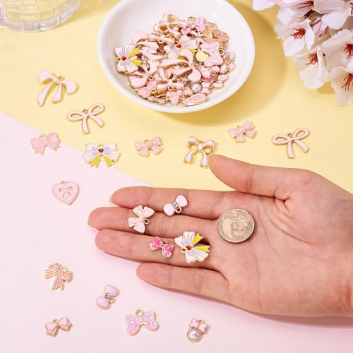 Craftdady Enamel Dangle Charms Pendant Food Animal Flower Cute Charms Colorful Metal Fruit Pendants Hang Ornament for Craft Bracelet Necklace Earring Key Chains Jewelry Making - color: Pink Bowknot