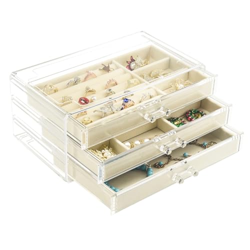 Weiai Acrylic Jewelry Box 3 Drawers, Velvet Jewellery Organizer, Earring Rings Necklaces Bracelets Display Case Gift for Women, Girls, Beige - color: Beige