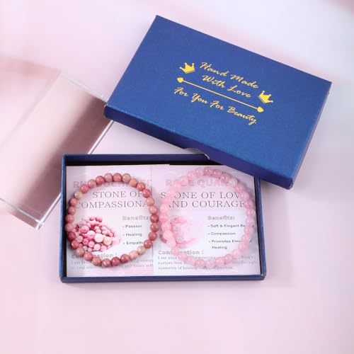 NCB 2.3-Piece 4mm Natural Crystal Gemstone Stretch Bracelets – Handmade Reiki Energy Healing Jewelry for Meditation,Yoga, Unisex - color: 2PCS ( Pink Quartz+Rhodochrosite ), size: 6mm