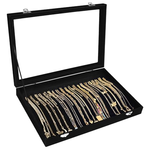 Siveit Necklace Organizer Box Premium 20 Hooks Velvet Necklace Display Jewelry Tray with Transparent Lid Jewelry Necklace Display Box for Necklace Pendants Suitable for Women and Girls (Black) - color: Black