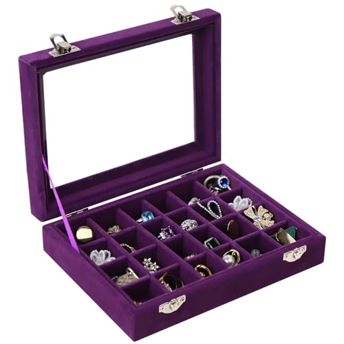 Velvet Jewelry Box 24 Grid Jewelry Earrings Display Organiser Box Ring Tray Holder Earrings Storage Case for Girls Women Wife Mom (Purple) - color: Purple