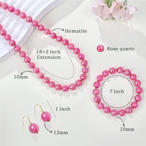 Gemstone Beaded Necklace for Women, Trendy 18K Gold Plated Hematite Natural Stone Bead Choker, Boho Handmade Summer Beach Necklaces for Women Everyday Western Jewelry Gifts - color: Pink Quartz