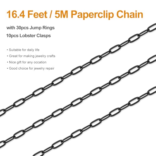 Kyutong 5 Meters Stainless Steel Necklace Chains Bulk on Roll Small Paper Clip Links with Jewelry Connectors Black Paperclip Craft Chain for Men Women DIY Handcrafts - color: black paperclip