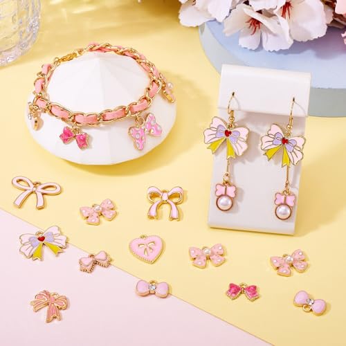 Craftdady Enamel Dangle Charms Pendant Food Animal Flower Cute Charms Colorful Metal Fruit Pendants Hang Ornament for Craft Bracelet Necklace Earring Key Chains Jewelry Making - color: Pink Bowknot