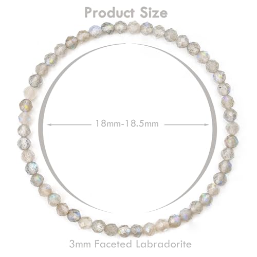 BONNY BOXX Natural Genuine Gemstone Faceted Round Beads Bracelets, 3mm Adjustable Stretchy Tiny Faceted Black Tourmaline Bracelet, Healing Crystal Reiki Chakra Dainty Jewelry Fashion Gifts - color: Labradorite