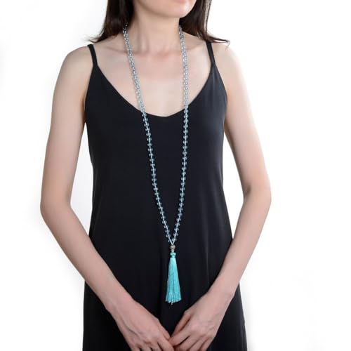 Adabele Premium 108 Mala Beads Malas Necklace - Natural Healing Gemstone Tibetan Buddhist Japa Prayer Meditation Reiki Chakra Stone Quartz Rock Women Men Jewelry - style: Light Blue Topaz