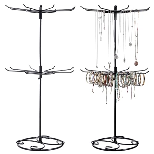 2 Pcs Jewelry Stand Organizer, 2 Tier Rotating Rack Metal Necklace Organizer Black Jewelrys Keychain Display for Vendors Jewelry Earring Bracelet Display Supplies