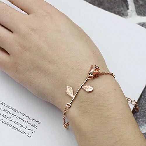 Rose Gold Flower Bracelet with Leaves, Adjustable Chain, Lobster Claw Clasp, 7 Inches