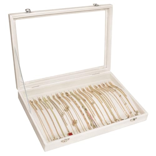 Siveit Necklace Organizer Box Premium 20 Hooks Velvet Necklace Display Jewelry Tray with Transparent Lid Jewelry Necklace Display Box for Necklace Pendants Suitable for Women and Girls (Beige) - color: Beige