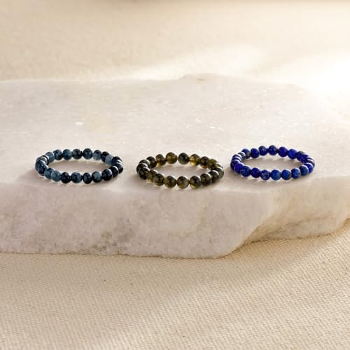 NLIEO Natural Gemstone Stretch Beaded Rings for Women Stackable Dainty Elastic Crystal Rings Jewelry - style: Lapis Lazuli