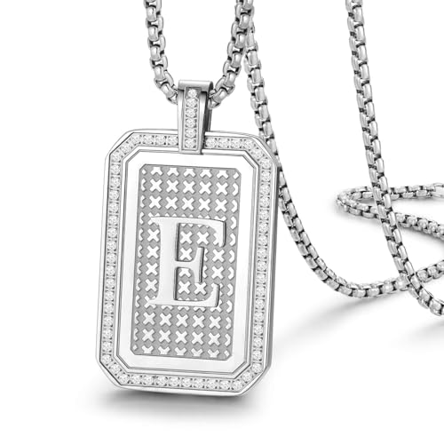 Initial Pendant Necklace Men Women Uppercase Silver Letter Diamond A-Z Stainless Steel Box 22 Inch - color: Silver-E