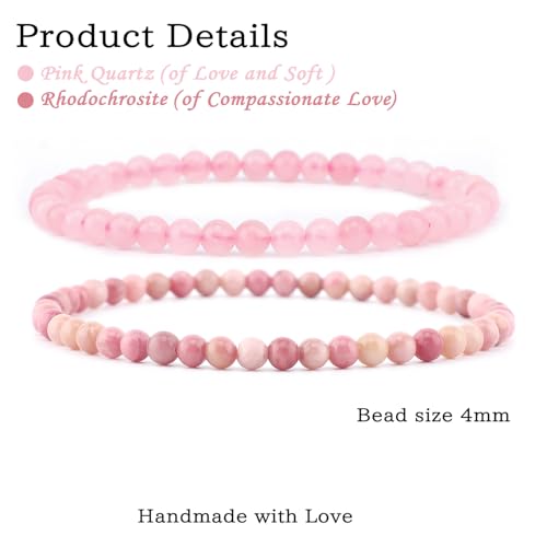 NCB 2.3-Piece 4mm Natural Crystal Gemstone Stretch Bracelets – Handmade Reiki Energy Healing Jewelry for Meditation,Yoga, Unisex - color: 2PCS ( Pink Quartz+Rhodochrosite ), size: 4mm